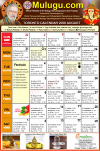 Toronto (Canada) Telugu Calendar 2020 August with Tithi, Nakshatram, Durmuhurtham Timings, Varjyam Timings and Rahukalam (Samayam's)Timings