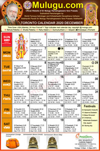 Toronto (Canada) Telugu Calendar 2020 December with Tithi, Nakshatram, Durmuhurtham Timings, Varjyam Timings and Rahukalam (Samayam's)Timings