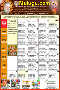Toronto (Canada) Telugu Calendar 2020 February with Tithi, Nakshatram, Durmuhurtham Timings, Varjyam Timings and Rahukalam (Samayam's)Timings