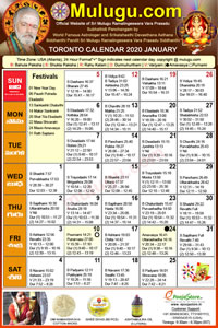 Toronto (Canada) Telugu Calendar 2020 January with Tithi, Nakshatram, Durmuhurtham Timings, Varjyam Timings and Rahukalam (Samayam's)Timings