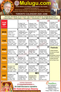 Toronto (Canada) Telugu Calendar 2020 June with Tithi, Nakshatram, Durmuhurtham Timings, Varjyam Timings and Rahukalam (Samayam's)Timings
