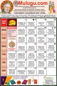 Cincinnati (City in Ohio) Telugu Calendar 2021 April with Tithi, Nakshatram, Durmuhurtham Timings, Varjyam Timings and Rahukalam (Samayam's)Timings