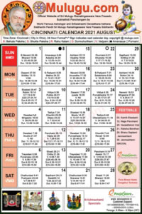 Cincinnati (City in Ohio) Telugu Calendar 2021 August with Tithi, Nakshatram, Durmuhurtham Timings, Varjyam Timings and Rahukalam (Samayam's)Timings