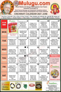Cincinnati (City in Ohio) Telugu Calendar 2021 June with Tithi, Nakshatram, Durmuhurtham Timings, Varjyam Timings and Rahukalam (Samayam's)Timings