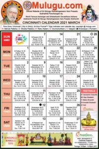 Cincinnati (City in Ohio) Telugu Calendar 2021 March with Tithi, Nakshatram, Durmuhurtham Timings, Varjyam Timings and Rahukalam (Samayam's)Timings