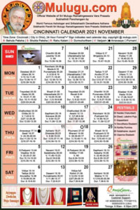 Cincinnati (City in Ohio) Telugu Calendar 2021 November with Tithi, Nakshatram, Durmuhurtham Timings, Varjyam Timings and Rahukalam (Samayam's)Timings