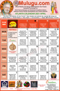 Atlanta (USA) Telugu Calendar 2021 April with Tithi, Nakshatram, Durmuhurtham Timings, Varjyam Timings and Rahukalam (Samayam's)Timings