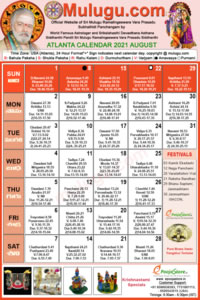 Atlanta (USA) Telugu Calendar 2021 August with Tithi, Nakshatram, Durmuhurtham Timings, Varjyam Timings and Rahukalam (Samayam's)Timings