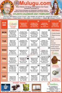 SAtlanta (USA) Telugu Calendar 2021 February with Tithi, Nakshatram, Durmuhurtham Timings, Varjyam Timings and Rahukalam (Samayam's)Timings