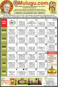 London Telugu Calendar 2021 March with Tithi, Nakshatram, Durmuhurtham Timings, Varjyam Timings and Rahukalam (Samayam's)Timings