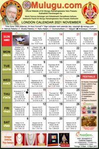 London Telugu Calendar 2021 November with Tithi, Nakshatram, Durmuhurtham Timings, Varjyam Timings and Rahukalam (Samayam's)Timings