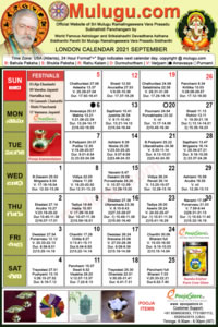 London Telugu Calendar 2021 September with Tithi, Nakshatram, Durmuhurtham Timings, Varjyam Timings and Rahukalam (Samayam's)Timings