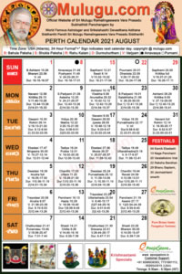 Perth (USA) Telugu Calendar 2021 August with Tithi, Nakshatram, Durmuhurtham Timings, Varjyam Timings and Rahukalam (Samayam's)Timings