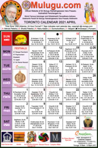 Toronto (Canada) Telugu Calendar 2021 April with Tithi, Nakshatram, Durmuhurtham Timings, Varjyam Timings and Rahukalam (Samayam's)Timings