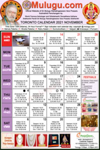Toronto (Canada) Telugu Calendar 2021 November with Tithi, Nakshatram, Durmuhurtham Timings, Varjyam Timings and Rahukalam (Samayam's)Timings