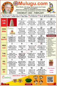 Cincinnati (City in Ohio) Telugu Calendar 2022 February with Tithi, Nakshatram, Durmuhurtham Timings, Varjyam Timings and Rahukalam (Samayam's)Timings
