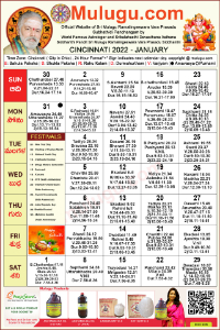 Cincinnati (City in Ohio) Telugu Calendar 2022 January with Tithi, Nakshatram, Durmuhurtham Timings, Varjyam Timings and Rahukalam (Samayam's)Timings
