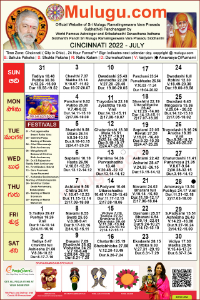 Cincinnati (City in Ohio) Telugu Calendar 2022 July with Tithi, Nakshatram, Durmuhurtham Timings, Varjyam Timings and Rahukalam (Samayam's)Timings
