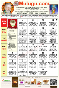 Cincinnati (City in Ohio) Telugu Calendar 2022 September with Tithi, Nakshatram, Durmuhurtham Timings, Varjyam Timings and Rahukalam (Samayam's)Timings