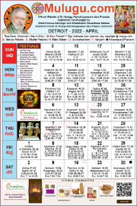 Detroit (City in Michigan) Telugu Calendar 2022 April with Tithi, Nakshatram, Durmuhurtham Timings, Varjyam Timings and Rahukalam (Samayam's)Timings
