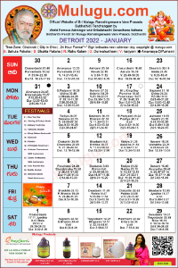 Detroit (City in Michigan) Telugu Calendar 2022 January with Tithi, Nakshatram, Durmuhurtham Timings, Varjyam Timings and Rahukalam (Samayam's)Timings