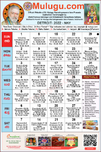 Detroit (City in Michigan) Telugu Calendar 2022 May with Tithi, Nakshatram, Durmuhurtham Timings, Varjyam Timings and Rahukalam (Samayam's)Timings