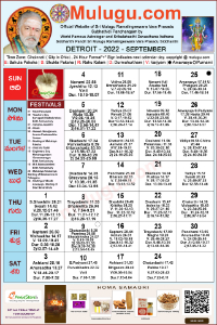 Detroit (City in Michigan) Telugu Calendar 2022 September with Tithi, Nakshatram, Durmuhurtham Timings, Varjyam Timings and Rahukalam (Samayam's)Timings