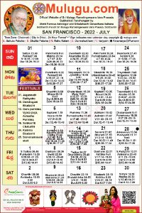 San-Francisco (USA) Telugu Calendar 2022 July with Tithi, Nakshatram, Durmuhurtham Timings, Varjyam Timings and Rahukalam (Samayam's)Timings