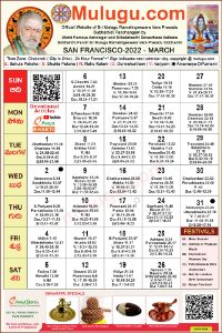 San-Francisco (USA) Telugu Calendar 2022 March with Tithi, Nakshatram, Durmuhurtham Timings, Varjyam Timings and Rahukalam (Samayam's)Timings