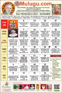 San-Francisco (USA) Telugu Calendar 2022 November with Tithi, Nakshatram, Durmuhurtham Timings, Varjyam Timings and Rahukalam (Samayam's)Timings