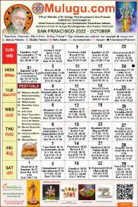 San-Francisco (USA) Telugu Calendar 2022 October with Tithi, Nakshatram, Durmuhurtham Timings, Varjyam Timings and Rahukalam (Samayam's)Timings