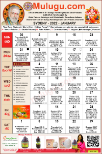 Sydney
(City in New South Wales)Telugu Calendar 2022 January with Tithi, Nakshatram, Durmuhurtham Timings, Varjyam Timings and Rahukalam (Samayam's)Timings