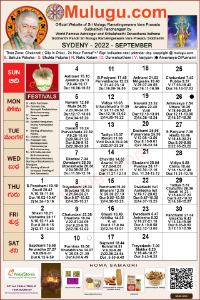 Sydney
(City in New South Wales)Telugu Calendar 2022 September with Tithi, Nakshatram, Durmuhurtham Timings, Varjyam Timings and Rahukalam (Samayam's)Timings