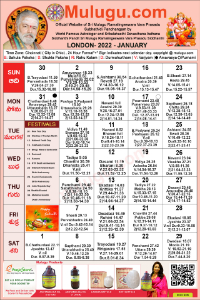 London Telugu Calendar 2022 January with Tithi, Nakshatram, Durmuhurtham Timings, Varjyam Timings and Rahukalam (Samayam's)Timings