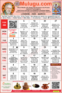 London Telugu Calendar 2022 March with Tithi, Nakshatram, Durmuhurtham Timings, Varjyam Timings and Rahukalam (Samayam's)Timings