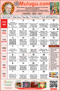 London Telugu Calendar 2022 May with Tithi, Nakshatram, Durmuhurtham Timings, Varjyam Timings and Rahukalam (Samayam's)Timings