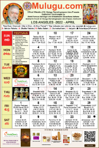 Los-Angeles (USA) Telugu Calendar 2022 April with Tithi, Nakshatram, Durmuhurtham Timings, Varjyam Timings and Rahukalam (Samayam's)Timings