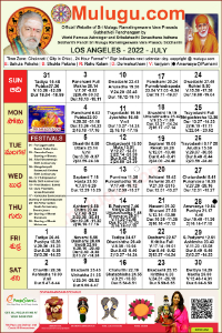 Los-Angeles (USA) Telugu Calendar 2022 July with Tithi, Nakshatram, Durmuhurtham Timings, Varjyam Timings and Rahukalam (Samayam's)Timings