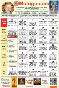 Los-Angeles (USA) Telugu Calendar 2022 October with Tithi, Nakshatram, Durmuhurtham Timings, Varjyam Timings and Rahukalam (Samayam's)Timings
