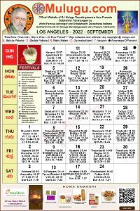 Los-Angeles (USA) Telugu Calendar 2022 September with Tithi, Nakshatram, Durmuhurtham Timings, Varjyam Timings and Rahukalam (Samayam's)Timings