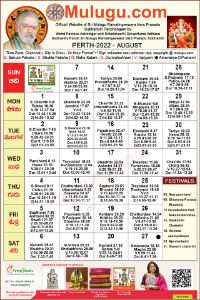 Perth (USA) Telugu Calendar 2022 August with Tithi, Nakshatram, Durmuhurtham Timings, Varjyam Timings and Rahukalam (Samayam's)Timings