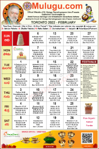 Toronto (Canada) Telugu Calendar 2022 February with Tithi, Nakshatram, Durmuhurtham Timings, Varjyam Timings and Rahukalam (Samayam's)Timings