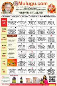 Toronto (Canada) Telugu Calendar 2022 January with Tithi, Nakshatram, Durmuhurtham Timings, Varjyam Timings and Rahukalam (Samayam's)Timings