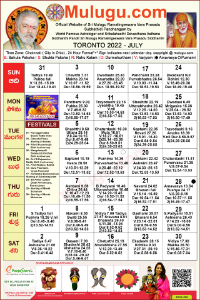 Toronto (Canada) Telugu Calendar 2022 July with Tithi, Nakshatram, Durmuhurtham Timings, Varjyam Timings and Rahukalam (Samayam's)Timings