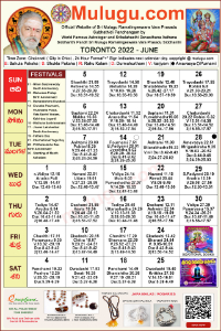 Toronto (Canada) Telugu Calendar 2022 June with Tithi, Nakshatram, Durmuhurtham Timings, Varjyam Timings and Rahukalam (Samayam's)Timings