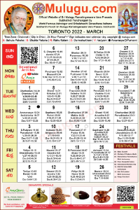 Toronto (Canada) Telugu Calendar 2022 March with Tithi, Nakshatram, Durmuhurtham Timings, Varjyam Timings and Rahukalam (Samayam's)Timings