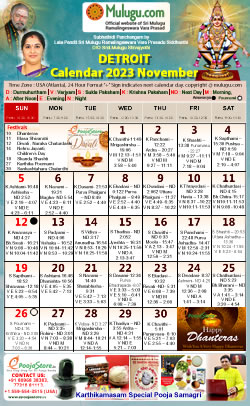 Detroit (City in Michigan) Telugu Calendar 2023 November with Tithi, Nakshatram, Durmuhurtham Timings, Varjyam Timings and Rahukalam (Samayam's)Timings