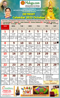 Detroit (City in Michigan) Telugu Calendar 2023 October with Tithi, Nakshatram, Durmuhurtham Timings, Varjyam Timings and Rahukalam (Samayam's)Timings