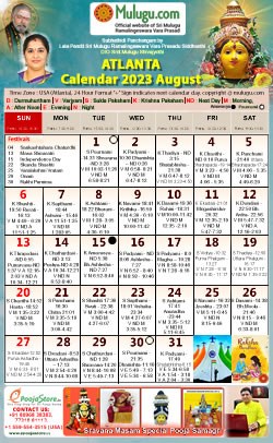 Atlanta (USA) Telugu Calendar 2023 August with Tithi, Nakshatram, Durmuhurtham Timings, Varjyam Timings and Rahukalam (Samayam's)Timings