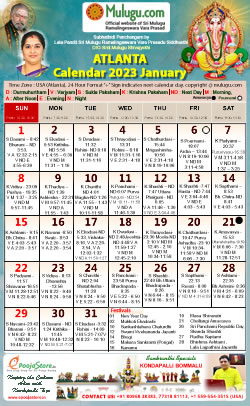 Atlanta (USA) Telugu Calendar 2023 January with Tithi, Nakshatram, Durmuhurtham Timings, Varjyam Timings and Rahukalam (Samayam's)Timings